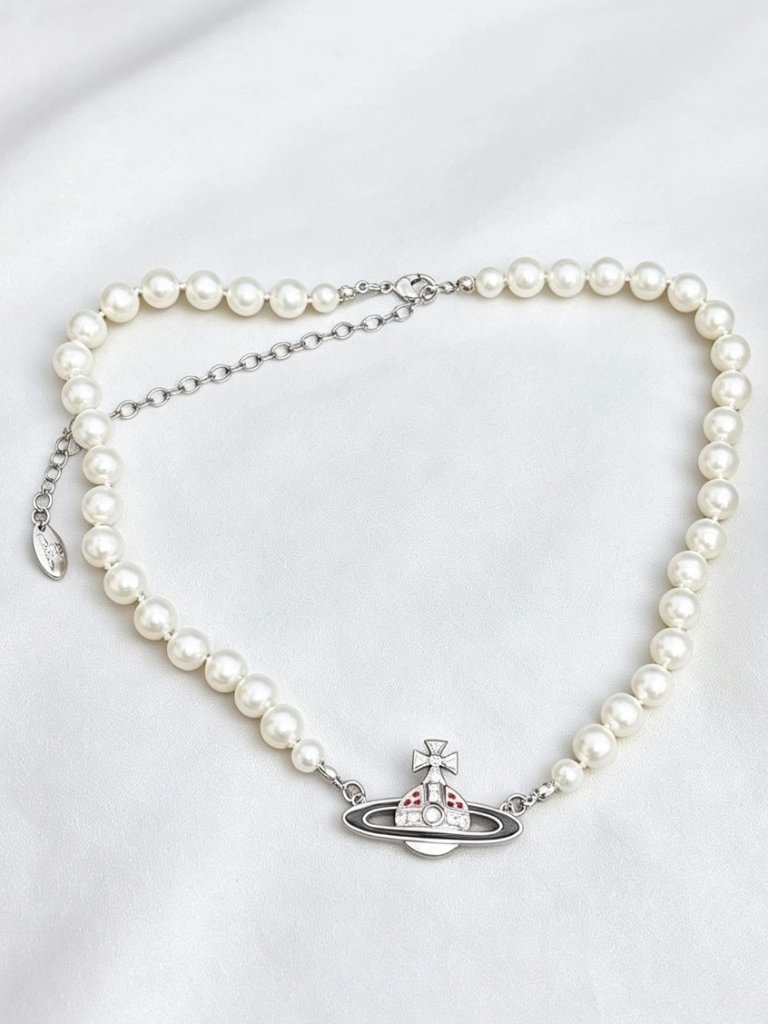 Vivienne Westwood Orb Pearl Choker Necklace, Silver Tone, Adjustable Chain